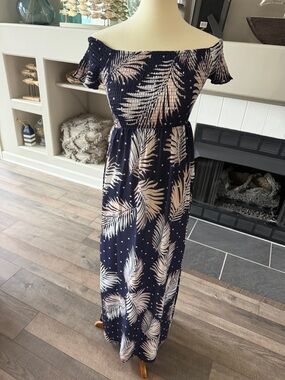 L'ATISTE Navy and Cream One-Shoulder Palm-Print Maxi Dress